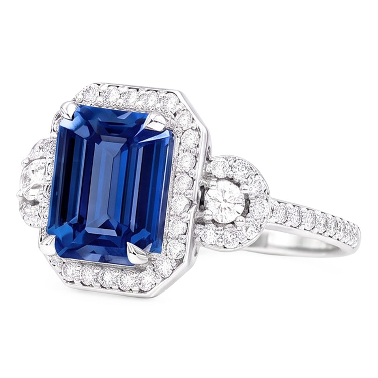 Bague Saphir Bleu Sri Lanka Halo
