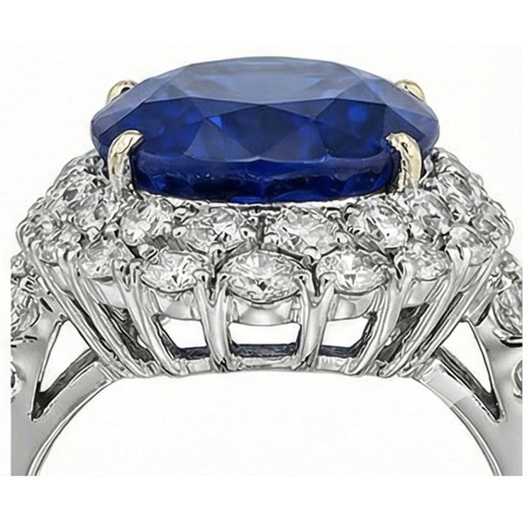 Bague Saphir Bleu Sri Lanka Ovale 7 Ct Et Diamants Naturels Extraits des Mines ( et non cultivés en laboratoire ) Or Blanc 14K