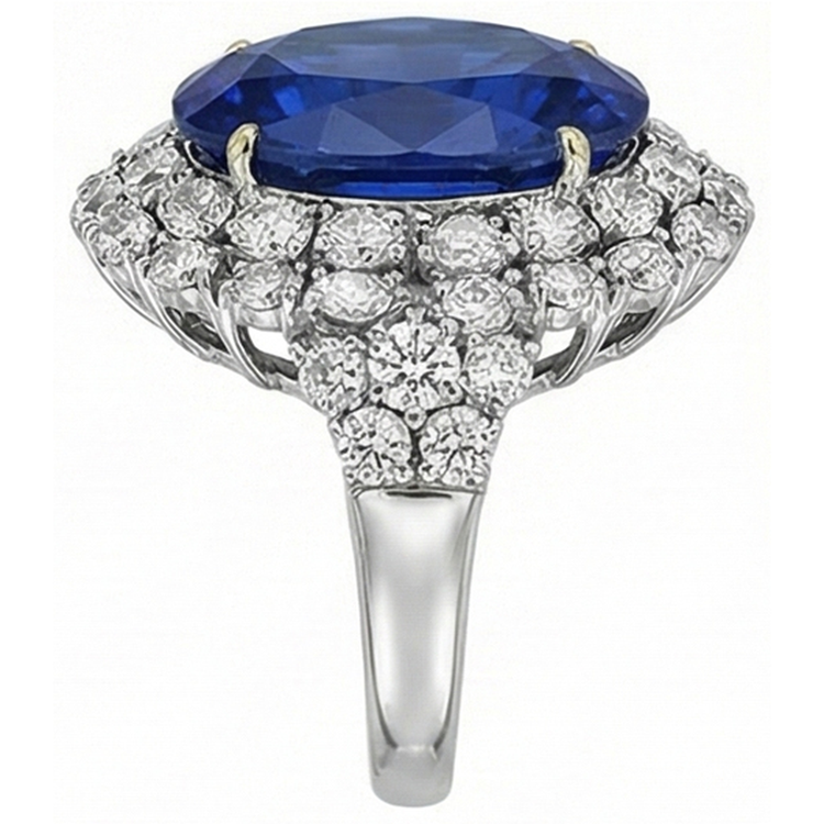 Bague Saphir Bleu Sri Lanka Ovale 7 Ct Et Diamants Naturels Extraits des Mines ( et non cultivés en laboratoire ) Or Blanc 14K