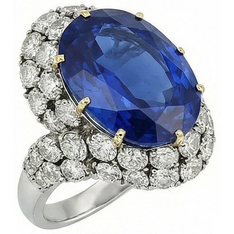 Bague Saphir Bleu Sri Lanka Ovale 7 Ct Et Diamants Naturels Extraits des Mines ( et non cultivés en laboratoire ) Or Blanc 14K