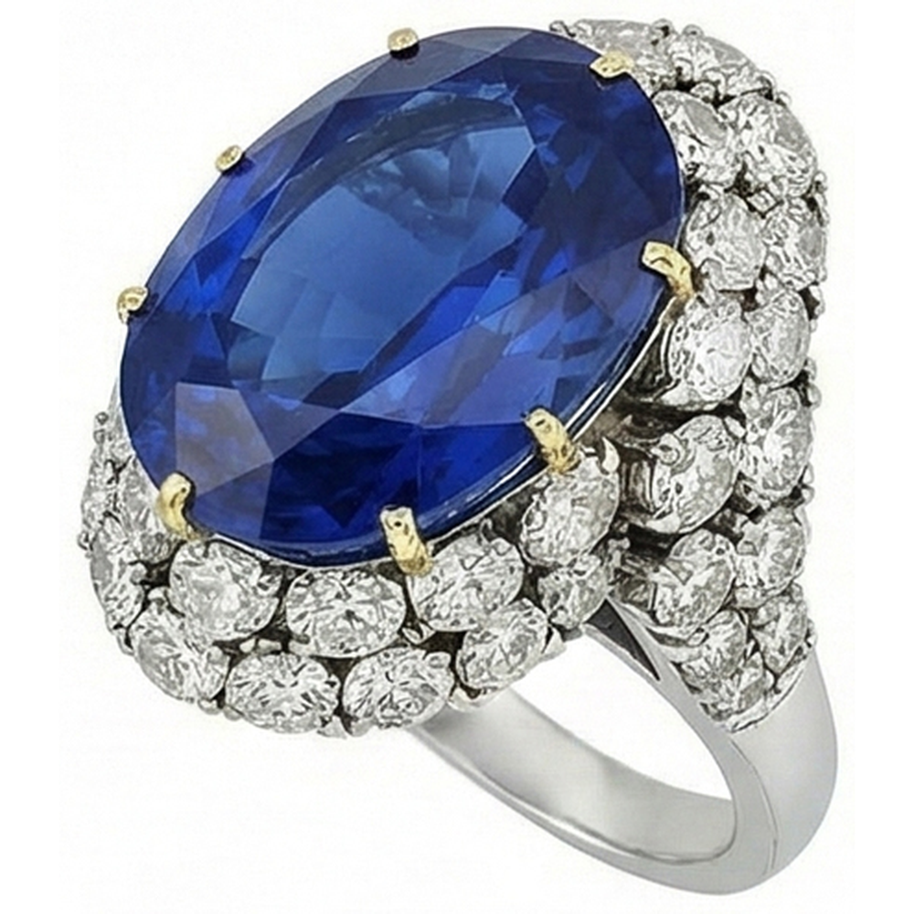 Bague Saphir Bleu Sri Lanka Ovale 7 Ct Et Diamants Naturels Extraits des Mines ( et non cultivés en laboratoire ) Or Blanc 14K