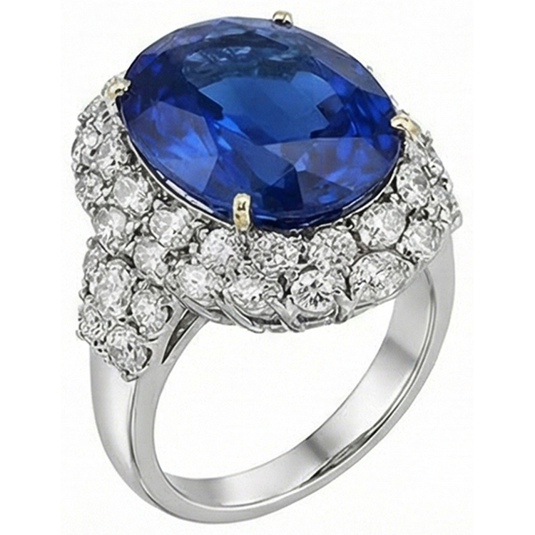 Bague Saphir Bleu Sri Lanka Ovale 7 Ct Et Diamants Naturels Extraits des Mines ( et non cultivés en laboratoire ) Or Blanc 14K