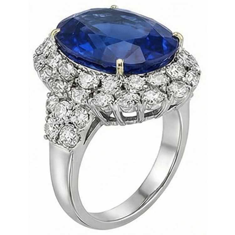 Bague Saphir Bleu Sri Lanka Ovale 7 Ct Et Diamants Naturels Extraits des Mines ( et non cultivés en laboratoire ) Or Blanc 14K