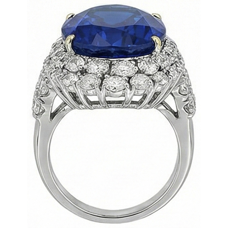 Bague Saphir Bleu Sri Lanka Ovale 7 Ct Et Diamants Naturels Extraits des Mines ( et non cultivés en laboratoire ) Or Blanc 14K