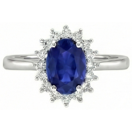 Bague Saphir Bleu Taille Ovale Et Diamant Naturels Extraits des Mines ( et non cultivés en laboratoire ) 2.5 Carats Or Blanc 14K