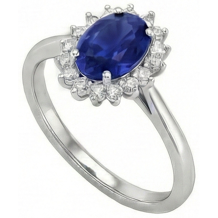 Bague Saphir Bleu Taille Ovale Et Diamant Naturels Extraits des Mines ( et non cultivés en laboratoire ) 2.5 Carats Or Blanc 14K