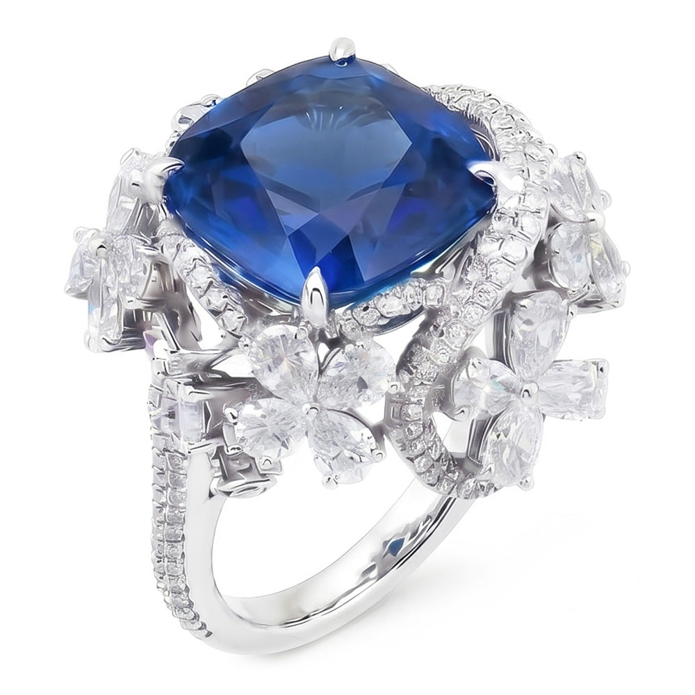 Bague Saphir Bleu Taille Poire En Or Blanc 14K Avec Diamants Naturels Extraits des Mines ( et non cultivés en laboratoire ) 9.50 Carats