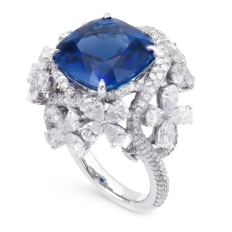 Bague Saphir Bleu Taille Poire En Or Blanc 14K Avec Diamants Naturels Extraits des Mines ( et non cultivés en laboratoire ) 9.50 Carats