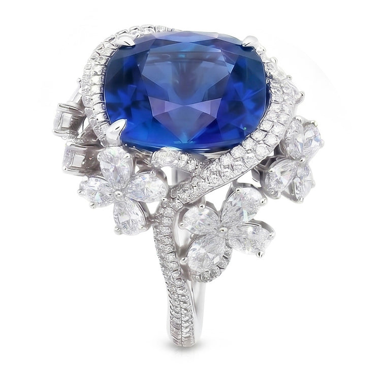 Bague Saphir Bleu Taille Poire En Or Blanc 14K Avec Diamants Naturels Extraits des Mines ( et non cultivés en laboratoire ) 9.50 Carats