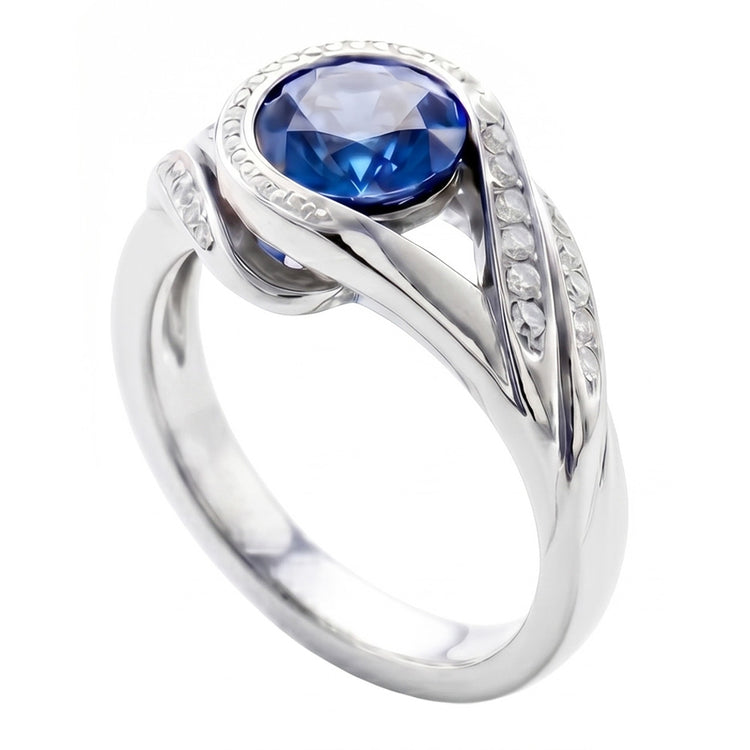 Bague Saphir Bleu Taille Ronde Et Diamants Naturels Extraits des Mines ( et non cultivés en laboratoire ) 2.50 Ct Or Blanc 14K