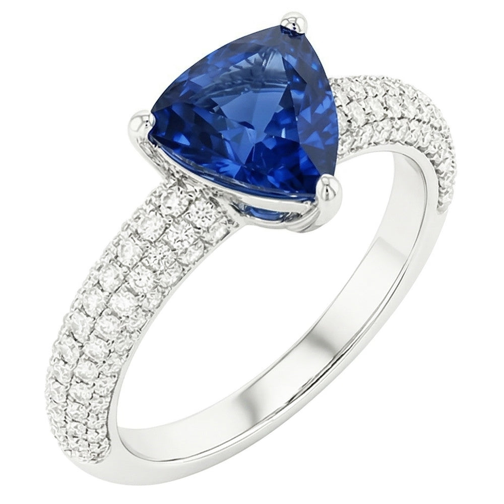 Bague Saphir Bleu Trillion Pierres Précieuses Serti Diamants 3 Carats