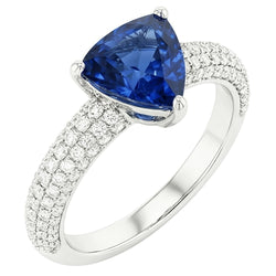 Bague Saphir Bleu Trillion Pierres Précieuses Serti Diamants 3 Carats