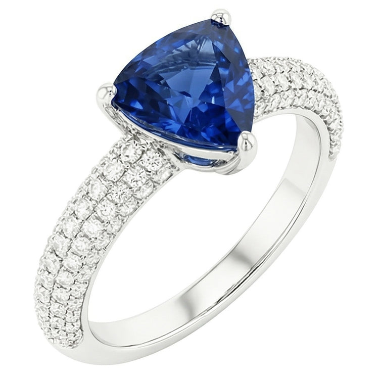 Bague Saphir Bleu Trillion Pierres Précieuses Serti Diamants 3 Carats