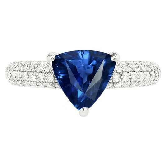 Bague Saphir Bleu Trillion Pierres Précieuses Serti Diamants 3 Carats