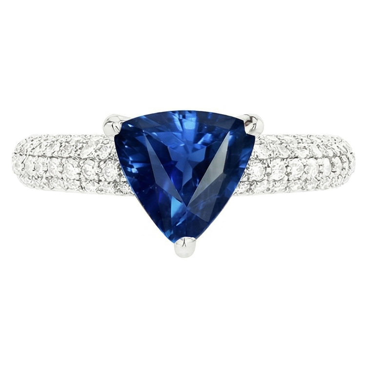 Bague Saphir Bleu Trillion Pierres Précieuses Serti Diamants 3 Carats