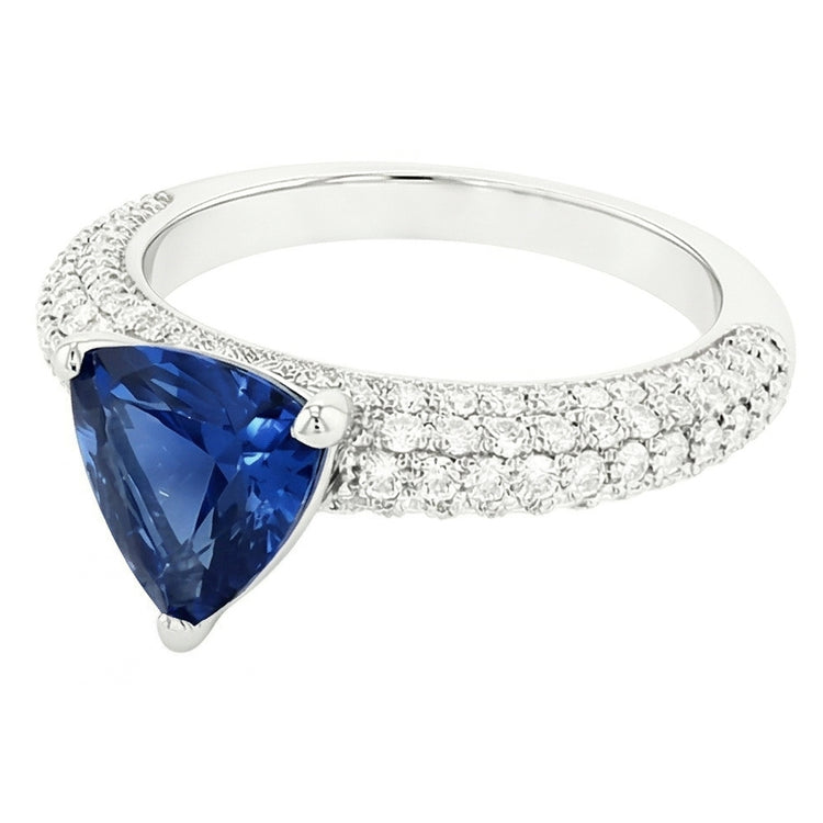 Bague Saphir Bleu Trillion Pierres Précieuses Serti Diamants 3 Carats