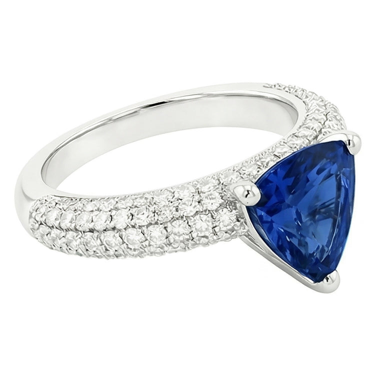 Bague Saphir Bleu Trillion Pierres Précieuses Serti Diamants 3 Carats