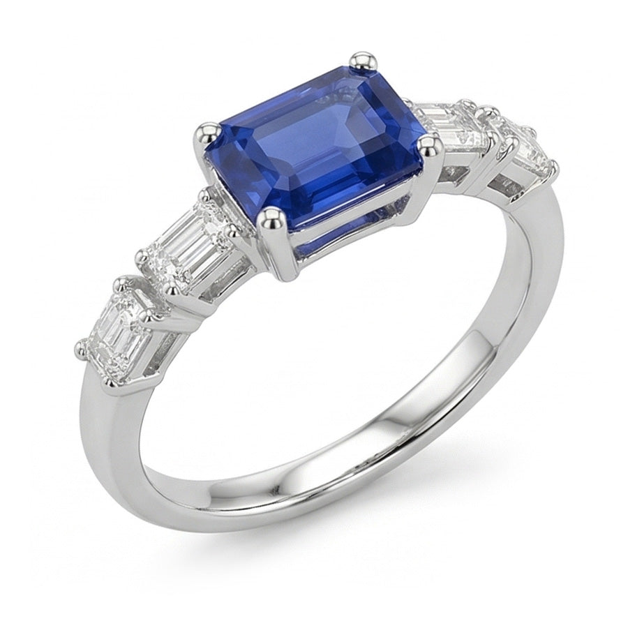 Bague Saphir Bleu & Diamant Emeraude 2.50 Carats Bijoux 5 Pierres