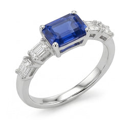 Bague Saphir Bleu & Diamant Emeraude 2.50 Carats Bijoux 5 Pierres