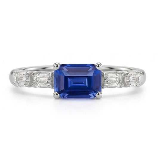Bague Saphir Bleu & Diamant Emeraude 2.50 Carats Bijoux 5 Pierres