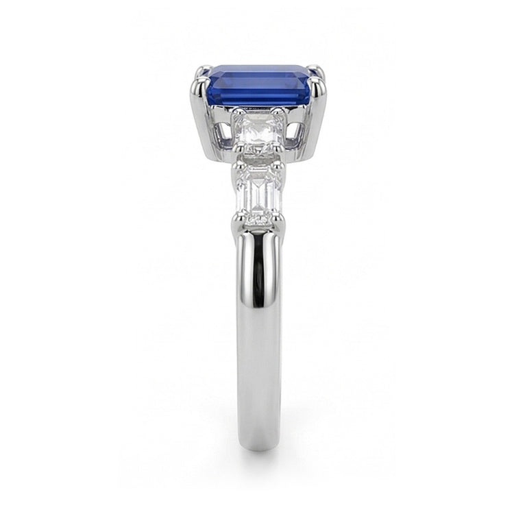 Bague Saphir Bleu & Diamant Emeraude 2.50 Carats Bijoux 5 Pierres