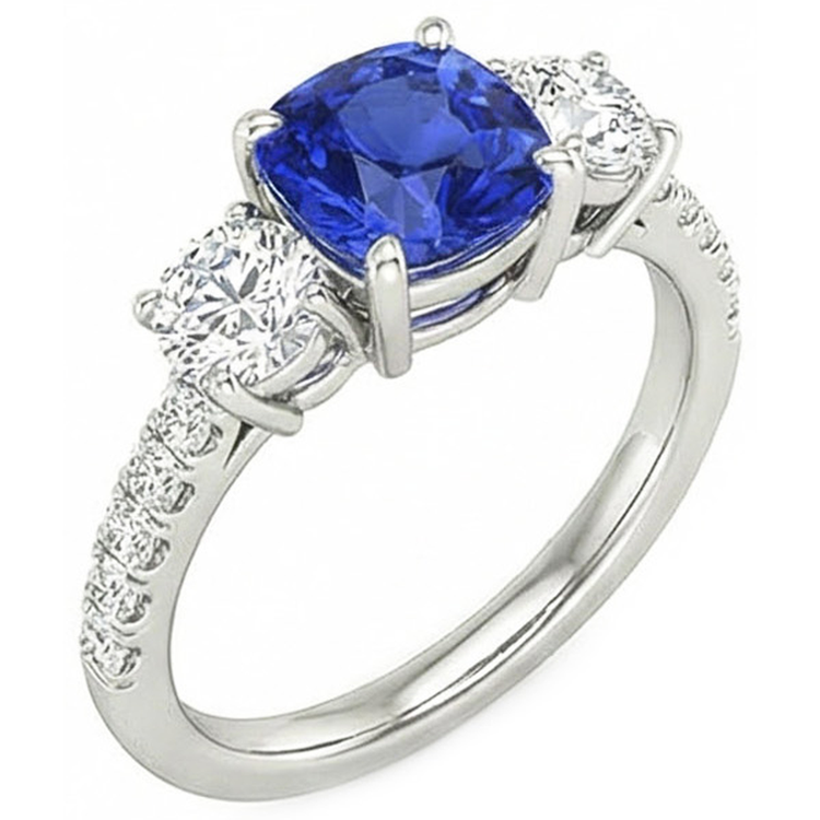 Bague Saphir Bleu & Diamant Rond 3.50 Carats Bijoux Style 3 Pierres
