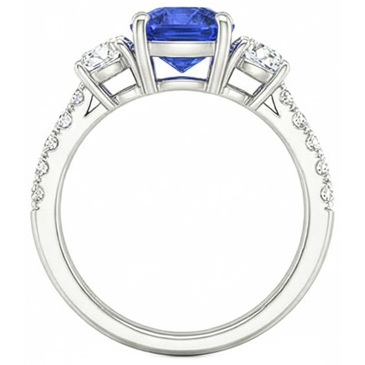 Bague Saphir Bleu & Diamant Rond 3.50 Carats Bijoux Style 3 Pierres