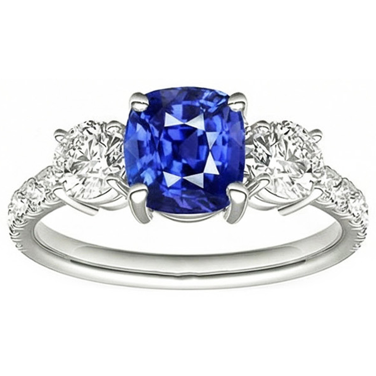 Bague Saphir Bleu & Diamant Rond 3.50 Carats Bijoux Style 3 Pierres