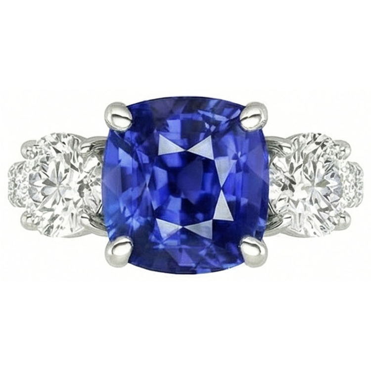 Bague Saphir Bleu & Diamant Rond 3.50 Carats Bijoux Style 3 Pierres