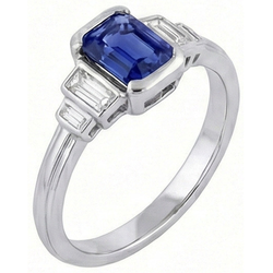 Bague Saphir Bleu émeraude Pierres Précieuses 5 Pierres Diamants Baguette 2 Carats