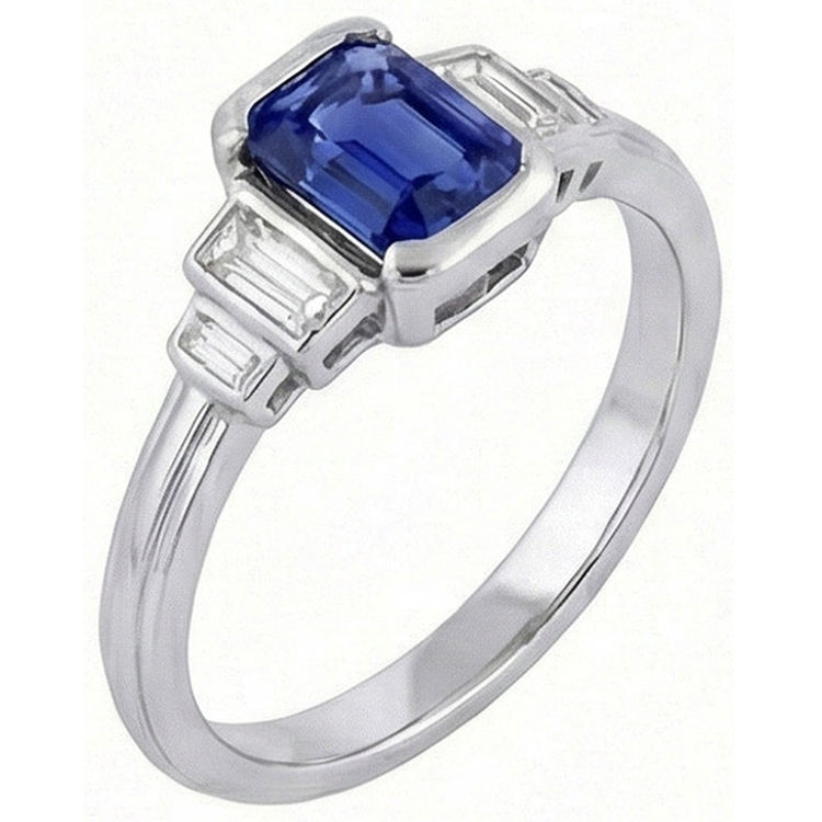 Bague Saphir Bleu émeraude Pierres Précieuses 5 Pierres Diamants Baguette 2 Carats