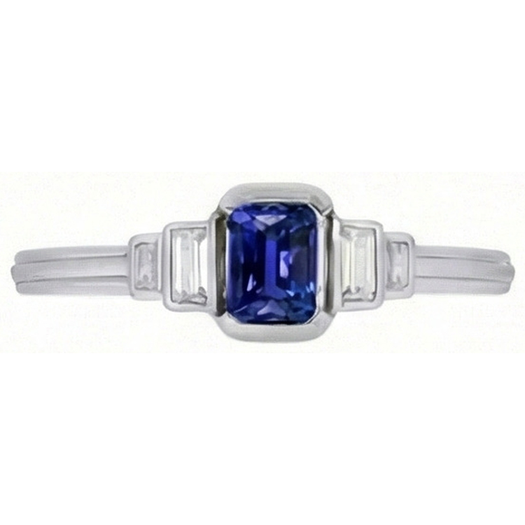 Bague Saphir Bleu émeraude Pierres Précieuses 5 Pierres Diamants Baguette 2 Carats