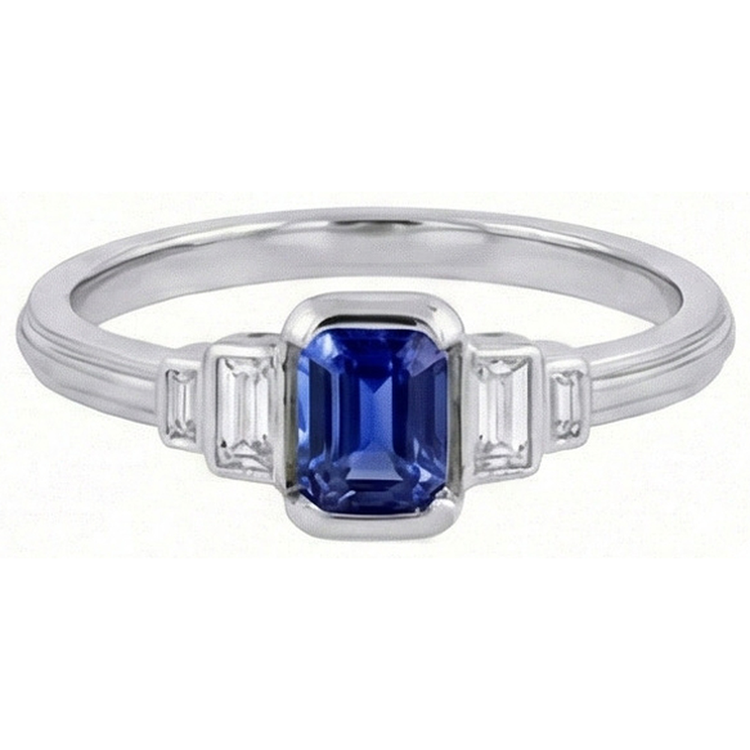 Bague Saphir Bleu émeraude Pierres Précieuses 5 Pierres Diamants Baguette 2 Carats
