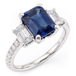 Bague Saphir Bleu émeraude Pierres Précieuses Style 3 Pierres & Diamants 4 Carats