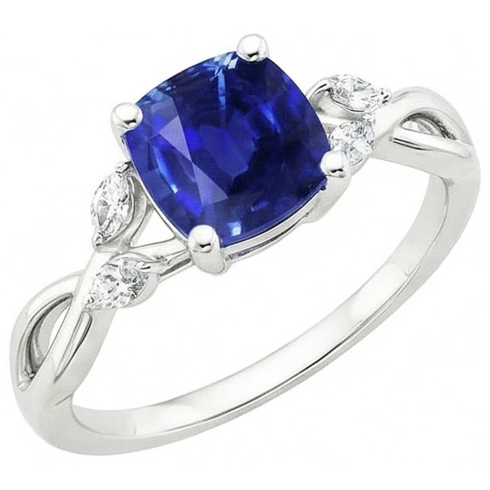 Bague Saphir Ceylan 2.10 Carats Et Diamants Naturels Extraits des Mines ( et non cultivés en laboratoire ) Or Blanc 14K