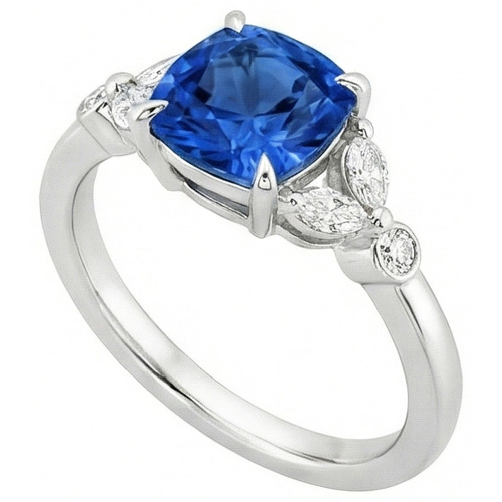 Bague Saphir Ceylan Avec Diamants Naturels Extraits des Mines ( et non cultivés en laboratoire ) 2.70 Ct Or Blanc 14K