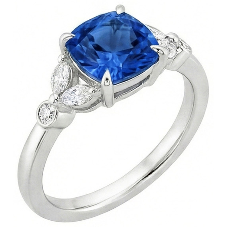 Bague Saphir Ceylan Avec Diamants Naturels Extraits des Mines ( et non cultivés en laboratoire ) 2.70 Ct Or Blanc 14K