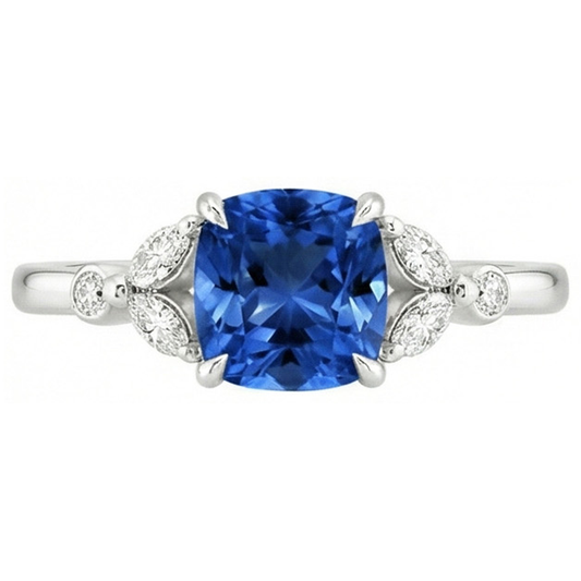 Bague Saphir Ceylan Avec Diamants Naturels Extraits des Mines ( et non cultivés en laboratoire ) 2.70 Ct Or Blanc 14K