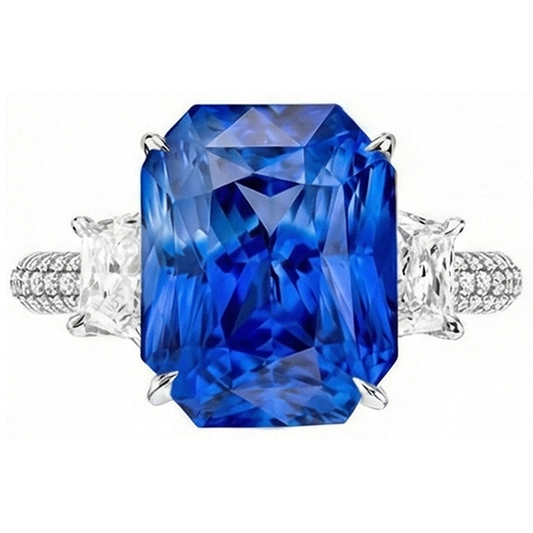 Bague Saphir Ceylan Diamant Radiant 7.50 Carats 3 Pierres Style Griffe