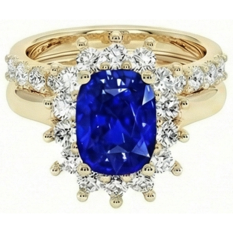 Bague Saphir Ceylan En Or Jaune Sertie De Diamants Naturels Extraits des Mines ( et non cultivés en laboratoire ) 7.50 Carats