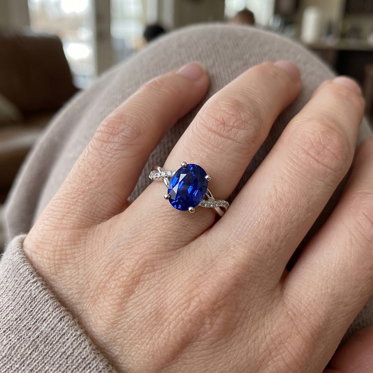 Bague Saphir Ceylan Ovale Pierres Précieuses 4.50 Carats Diamants Bijoux