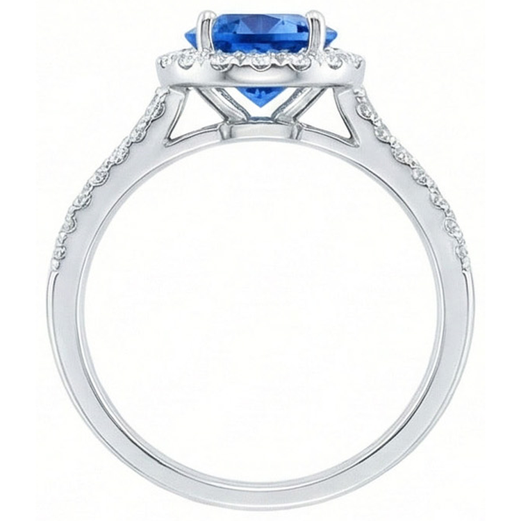 Bague Saphir Ceylan Rond 5 Ct Avec Diamants Naturels Extraits des Mines ( et non cultivés en laboratoire ) Or Blanc 14K