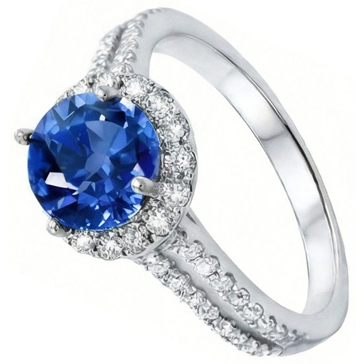 Bague Saphir Ceylan Rond 5 Ct Avec Diamants Naturels Extraits des Mines ( et non cultivés en laboratoire ) Or Blanc 14K