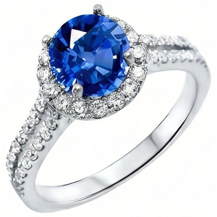 Bague Saphir Ceylan Rond 5 Ct Avec Diamants Naturels Extraits des Mines ( et non cultivés en laboratoire ) Or Blanc 14K