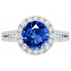 Bague Saphir Ceylan Rond 5 Ct Avec Diamants Naturels Extraits des Mines ( et non cultivés en laboratoire ) Or Blanc 14K