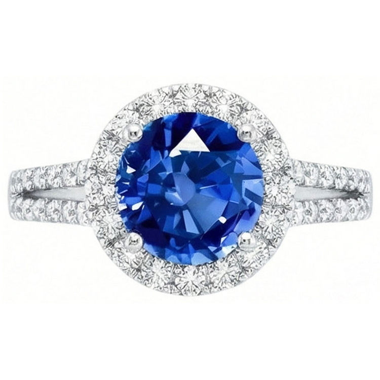 Bague Saphir Ceylan Rond 5 Ct Avec Diamants Naturels Extraits des Mines ( et non cultivés en laboratoire ) Or Blanc 14K