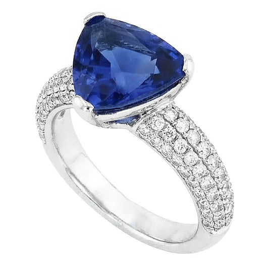 Bague Saphir Ceylan Trillion Pierres Précieuses Sertie Diamants 3.50 Carats