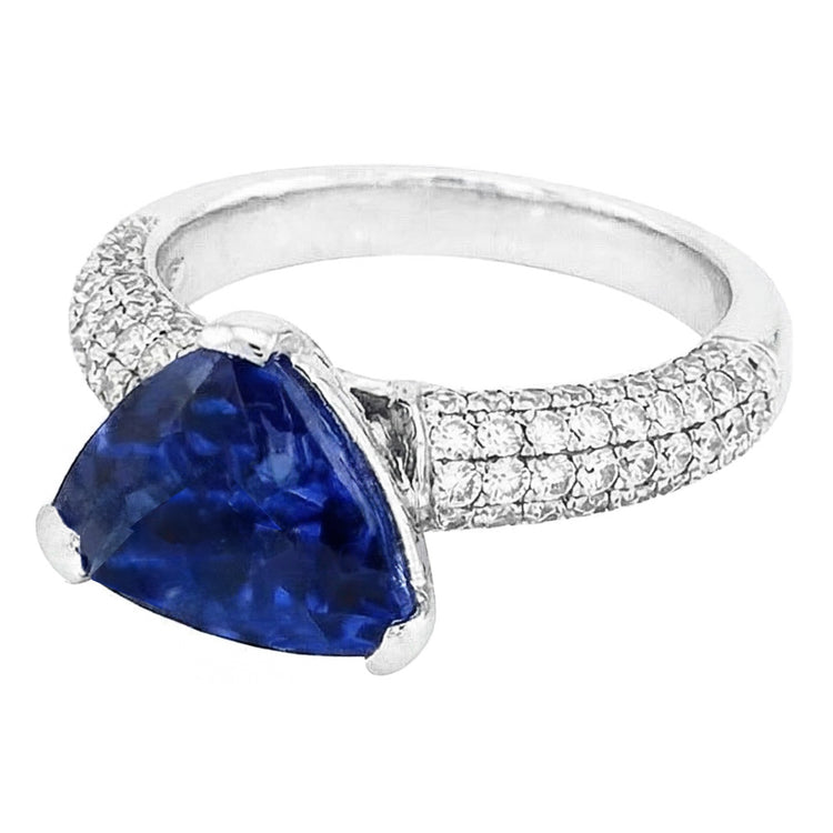 Bague Saphir Ceylan Trillion Pierres Précieuses Sertie Diamants 3.50 Carats