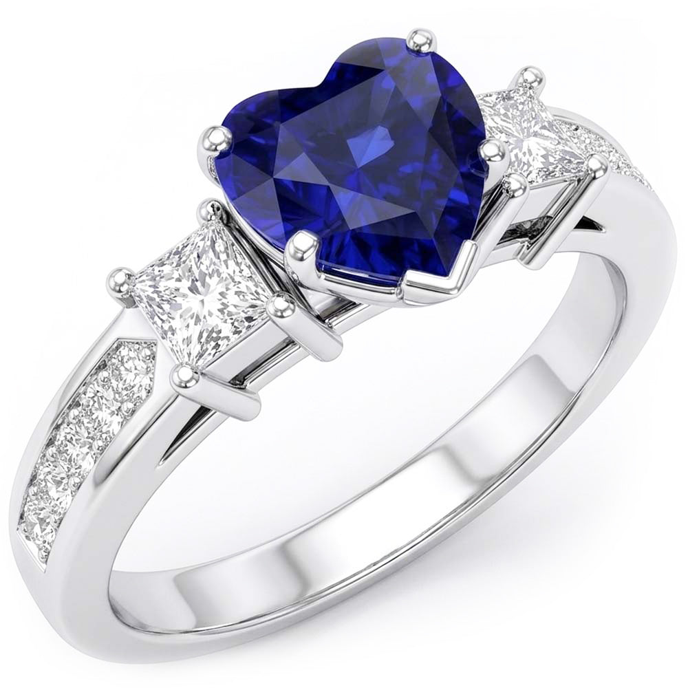 Bague Saphir Coeur Style 3 Pierres Princesse & Diamants Ronds 3 Carats