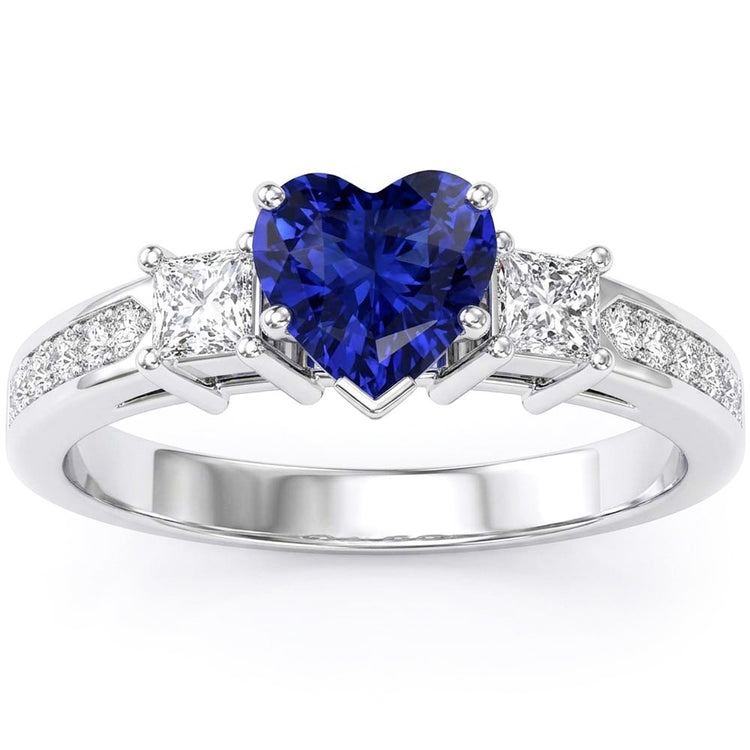 Bague Saphir Coeur Style 3 Pierres Princesse & Diamants Ronds 3 Carats